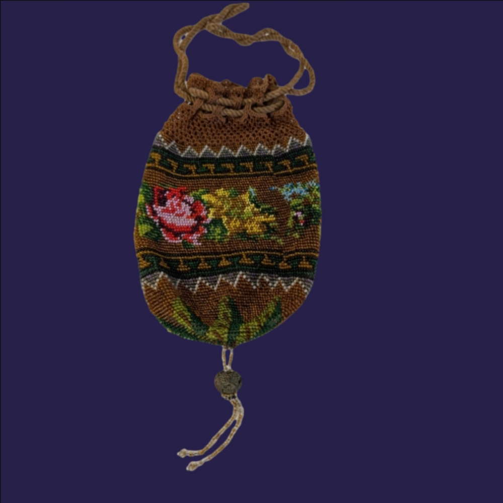 VINTAGE  Bag Beaded Embroidered Brown Drawstring 1800 VICTORIAN ERA